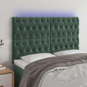 Sengegavl med LED-lys 160x7x118/128 cm fløjl mørkegrøn