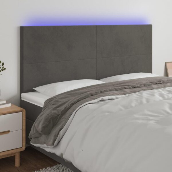 Sengegavl med LED-lys 200x5x118/128 cm fløjl mørkegrå
