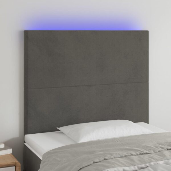 Sengegavl med LED-lys 90x5x118/128 cm fløjl mørkegrå