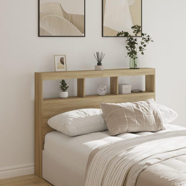 Sengegavl med opbevaring og LED-lys 140x17x102 cm sonoma-eg