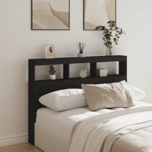 Sengegavl med opbevaring og LED-lys 140x17x102 cm sort