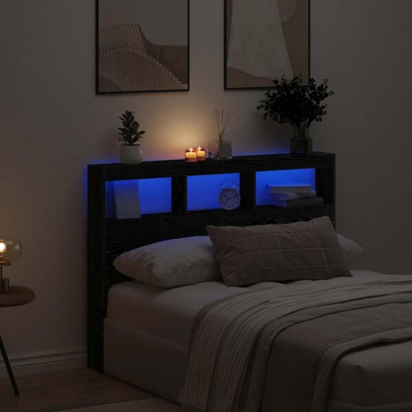 Sengegavl med opbevaring og LED-lys 140x17x102 cm sort eg