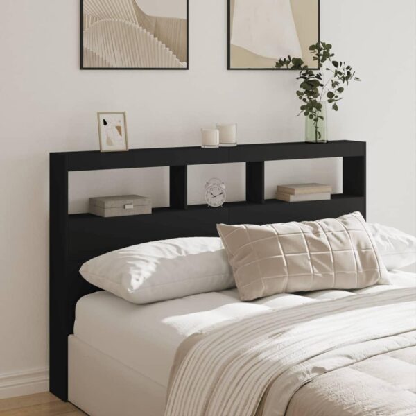 Sengegavl med opbevaring og LED-lys 160x17x102 cm sort