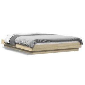 Sengeramme med LED-lys 140x200 cm konstrueret træ sonoma-eg