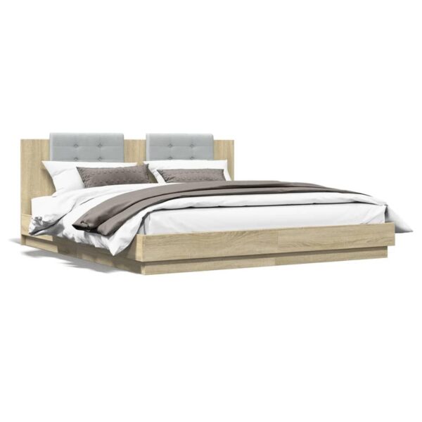 Sengeramme med sengegavl og LED-lys 200x200 cm sonoma-eg