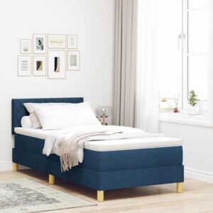 vidaXL LED Box Spring Bed med pude med hovedgærde Blå 90 x 190 cm Stof