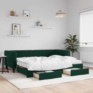 vidaXL daybed med udtræk og skuffer 90x200 cm velour mørkegrøn