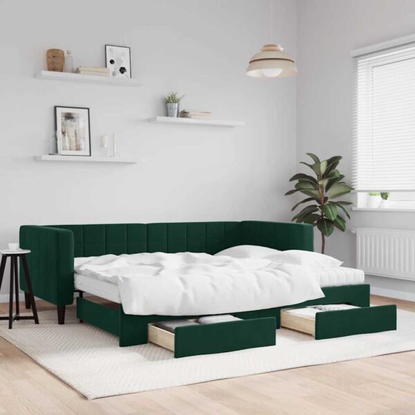 vidaXL daybed med udtræk og skuffer 90x200 cm velour mørkegrøn