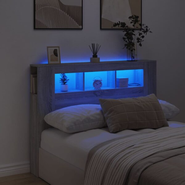 vidaXL sengegavl 140x18,5x103,5 cm LED-lys konstrueret træ grå sonoma