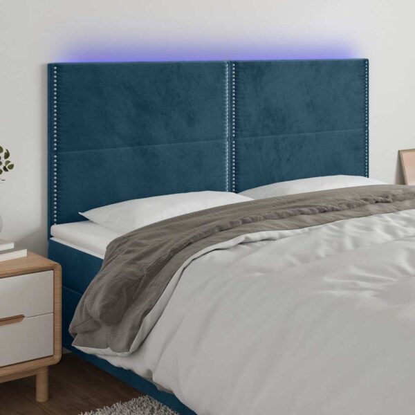 vidaXL sengegavl med LED-lys 160x5x118/128 cm fløjl mørkeblå