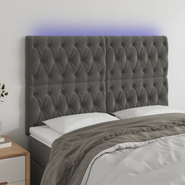 vidaXL sengegavl med LED-lys 160x7x118/128 cm fløjl mørkegrå