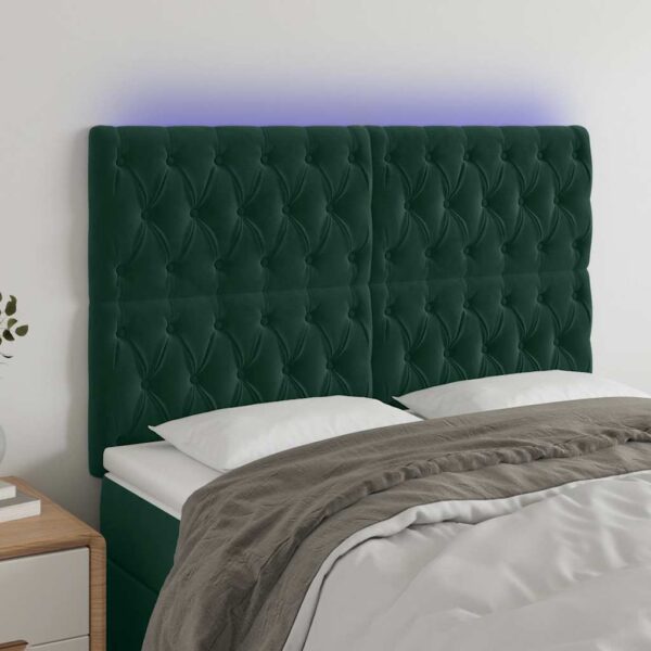 vidaXL sengegavl med LED-lys 160x7x118/128 cm fløjl mørkegrøn