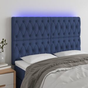 vidaXL sengegavl med LED-lys 160x7x118/128 cm stof blå