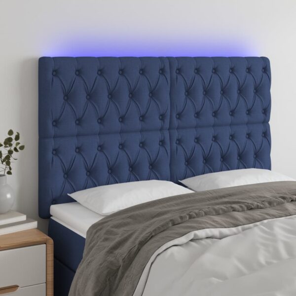 vidaXL sengegavl med LED-lys 160x7x118/128 cm stof blå