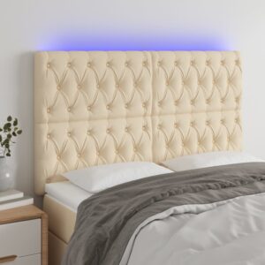 vidaXL sengegavl med LED-lys 160x7x118/128 cm stof cremefarvet