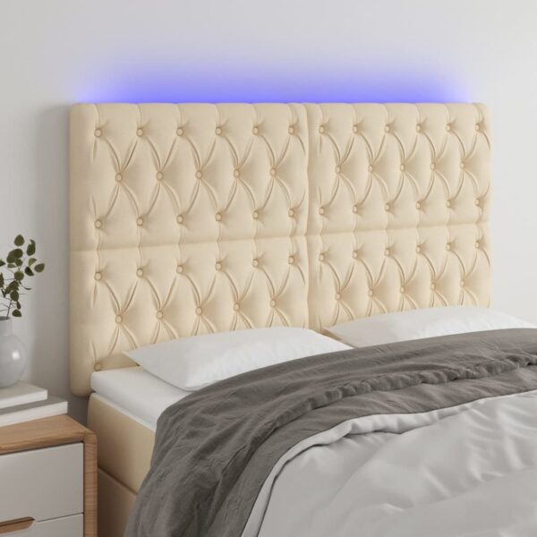 vidaXL sengegavl med LED-lys 160x7x118/128 cm stof cremefarvet