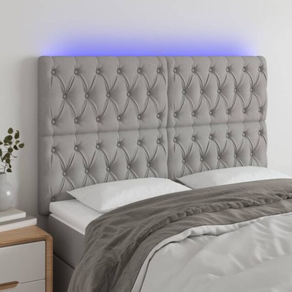 vidaXL sengegavl med LED-lys 160x7x118/128 cm stof lysegrå