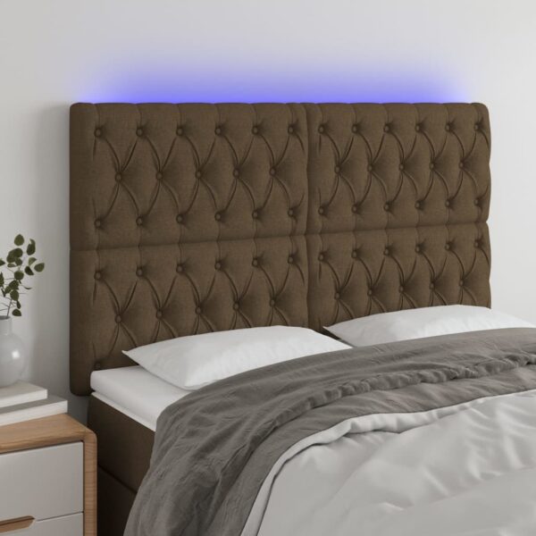 vidaXL sengegavl med LED-lys 160x7x118/128 cm stof mørkebrun