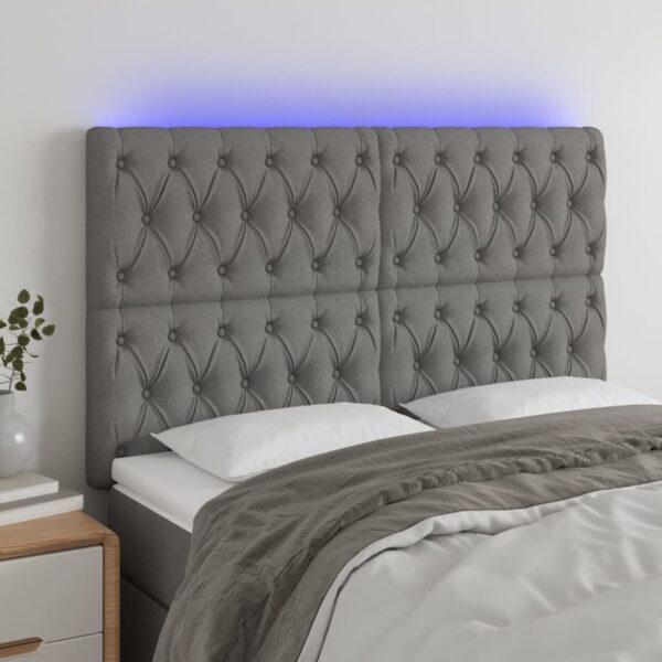 vidaXL sengegavl med LED-lys 160x7x118/128 cm stof mørkegrå