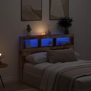 vidaXL sengegavl med opbevaring og LED-lys 140x17x102 cm antikt træ