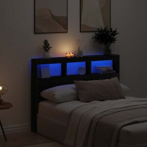 vidaXL sengegavl med opbevaring og LED-lys 140x17x102 cm sort eg