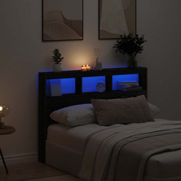 vidaXL sengegavl med opbevaring og LED-lys 140x17x102 cm sort eg