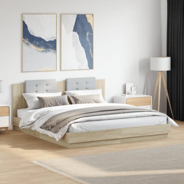 vidaXL sengeramme med sengegavl og LED-lys 160x200 cm sonoma-eg