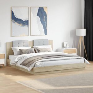 vidaXL sengeramme med sengegavl og LED-lys 200x200 cm sonoma-eg