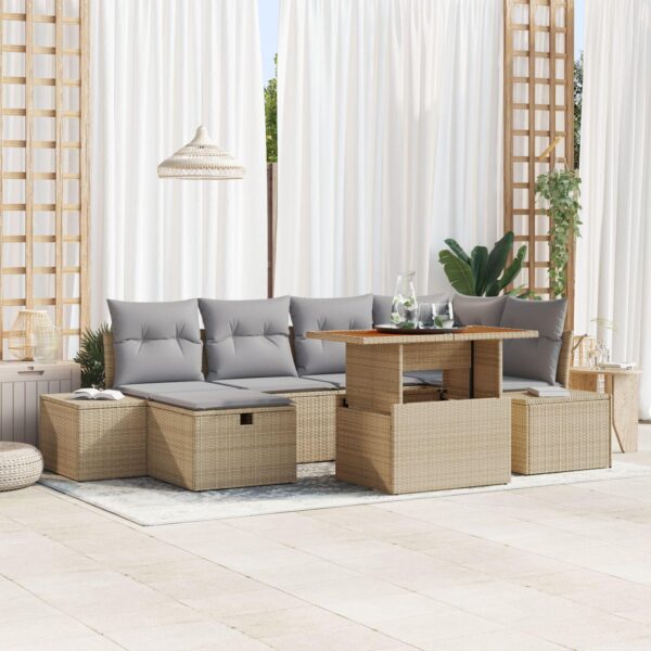 Havesofa Sæt med pude med opbevaring 7 stk Beige Poly rattan