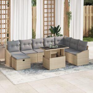 Havesofa Sæt med pude med opbevaring 9 stk Beige Poly rattan