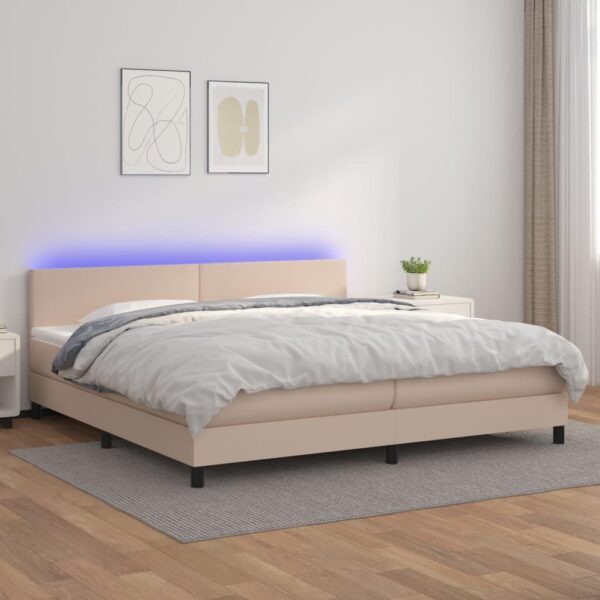 Kontinentalseng LED-lys 200x200 cm kunstlæder cappuccinofarvet
