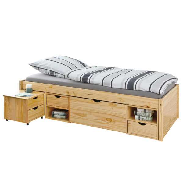 NORDIC LIVING COLLECTION Claas sengeramme, m. lamelbund, udtræksbord og 5 skuffer - natur fyrretræ (90x200)