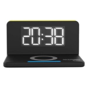 RealPower ChargeAir Digital - sort vækkeur med LED-display og trådløs oplader 10 W