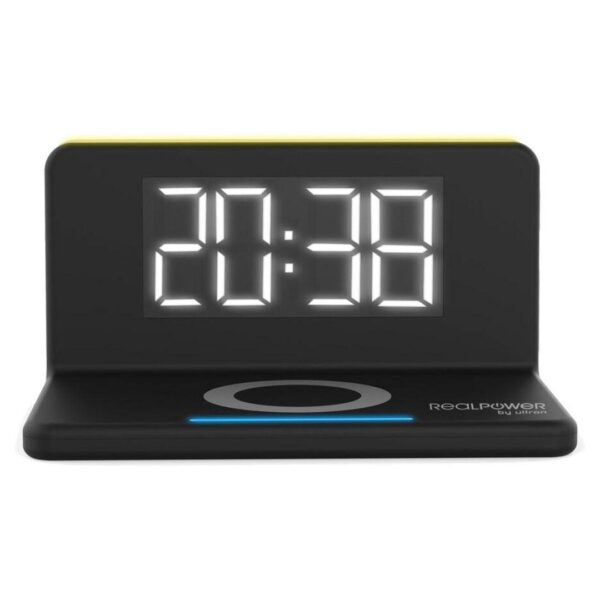 RealPower ChargeAir Digital - sort vækkeur med LED-display og trådløs oplader 10 W