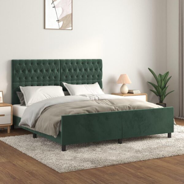 Sengeramme med sengegavl 180x200 cm fløjl mørkegrøn