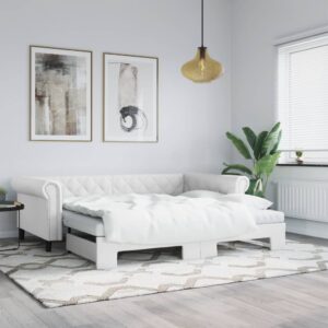 vidaXL daybed med udtræk og madrasser 90x200 cm kunstlæder hvid