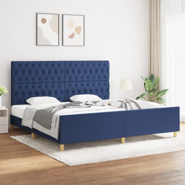 vidaXL sengeramme med sengegavl 200x200 cm stof blå