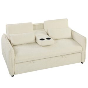 3-i-1 justerbar sovesofa, to-personers med kopholdere, justerbar ryglæn og sidelommer, beige