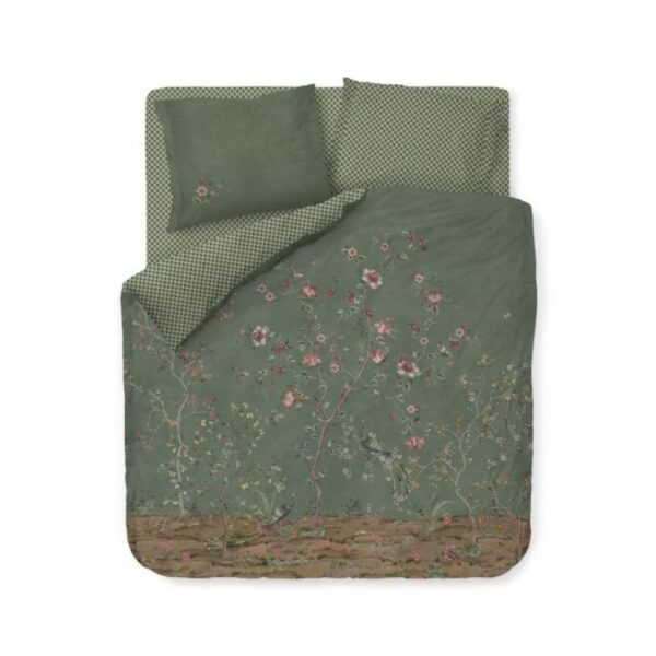 Blomstret dobbelt sengetøj 200x220 cm - Grønt vendbart sengesæt i 100% blød bomuld - Okinawa green - Pip Studio sengelinned