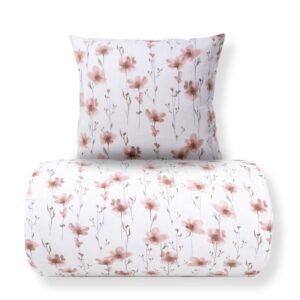 Dobbelt sengetøj 200x200 cm - Bomulds flonel - Hvid med rosa blomster