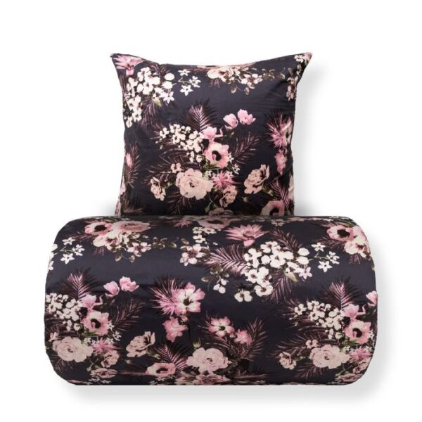 Dobbelt sengetøj 240x220 cm - 100% bomuldssatin - Vendbart gråt blomster print og prikker