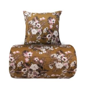 Dobbelt sengetøj 240x220 cm - 100% bomuldssatin - Vendbart karrygult blomster print og prikker
