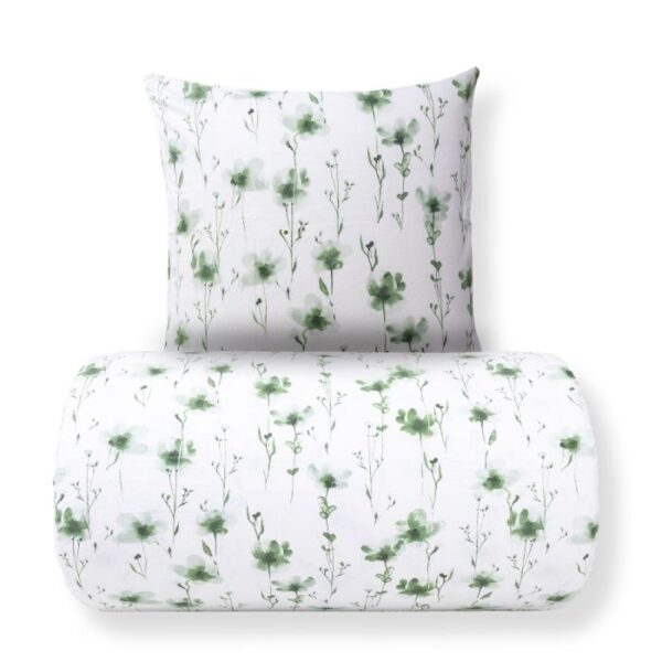 Dobbelt sengetøj 240x220 cm - Bomulds flonel - Hvid med grønne blomster