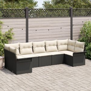 Havesofa Sæt med pude 7 stk Sort Poly rattan