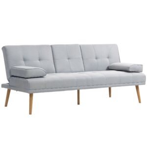Sovesofa, 3-personers sofa, sovesofa med klapbord, kopholder, sovesofa med linnedlook, gæsteseng til stuen, lysegrå