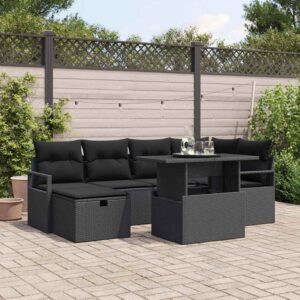 vidaXL Havesofa Sæt med pude med opbevaring 7 pcs Sort Poly rattan