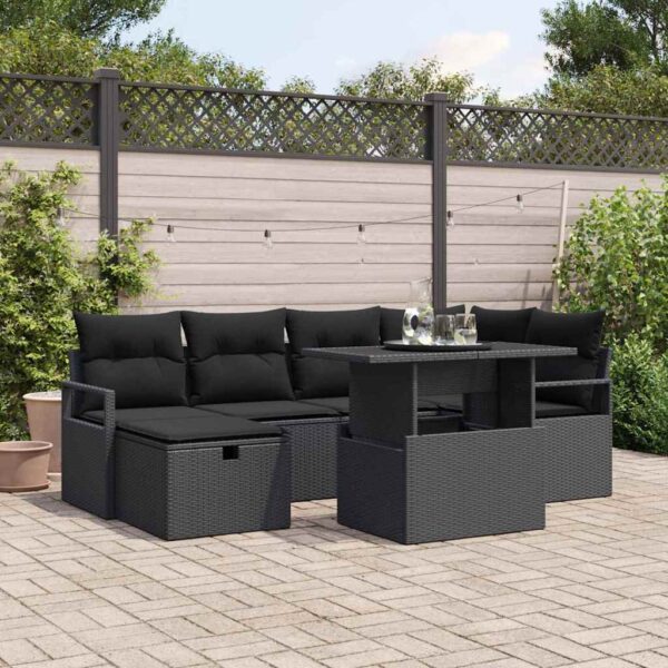 vidaXL Havesofa Sæt med pude med opbevaring 7 pcs Sort Poly rattan