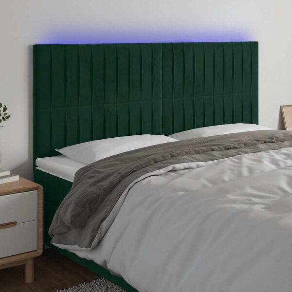 vidaXL sengegavl med LED-lys 200x5x118/128 cm fløjl mørkegrøn