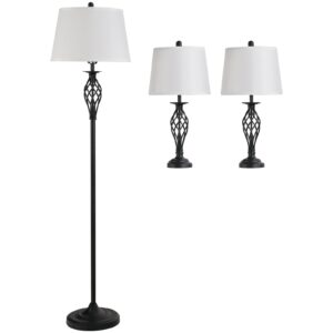 3-delt lampesæt: 2 bordlamper (ø38 x 158H cm) + 1 gulvlampe (ø30 x 62H cm), vintage gulvlampe med fodkontakt, læselampe til stue, soveværelse, metal, sort og hvid