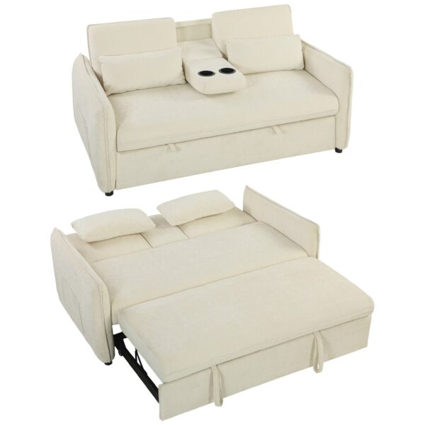 3-i-1 justerbar sovesofa, to-personers med kopholdere, justerbar ryglæn og sidelommer, beige
